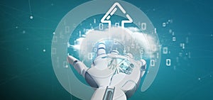 Cyborg holding a Binary cloud with upload internet arrow 3d rendering