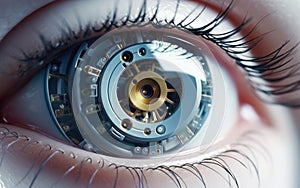 View of a cyborg\'s robotic eye with a bionic implant that provides advanced vision capabilities and zooming. Generative AI