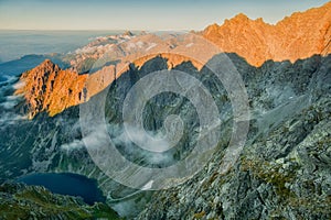 View of Czarny Staw pod Rysami from Hincova veza peak during autumn in High Tatras mountains