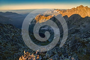 View of Czarny Staw pod Rysami from Hincova veza peak during autumn in High Tatras mountains