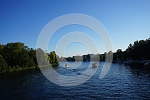 View of the Dahme River from the `Lange Bruecke` bridge. Berlin, Germany