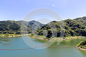 View of Daishoji River and mountains from Wagatani dam. Kaga, Ishikawa, Japan