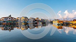 View of  Dal lake  and boat house before sunset in the heart of Srinagar during winter  , Srinagar , Kashmir , India