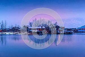 A view of Dal Lake in winter at evening, Srinagar, Kashmir, India