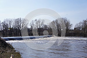 View of the dam during flood in the provincial town of Zaraysk, Moscow region