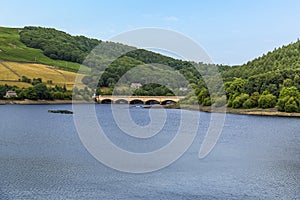 A view from the dam wall towards the bridge over Ladybower reservoir, Derbyshire, UK