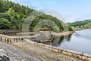 A view from the dam wall towards the west shore of Ladybower reservoir, Derbyshire, UK