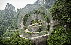 A view of the dangerous 99 curves at the Tongtian Road to Tianmen Mountain, The Heaven`s Gate at Zhangjiagie, Hunan Province, Ch