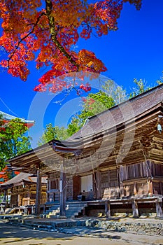 View of Danjo Garan Sacred Temple with Line Seasonal Red Maples at Mount Koya in Japan