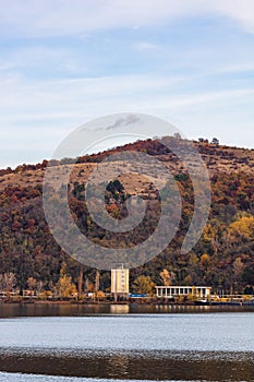 View of Danube river and Orsova city vegetation and buildings, waterfront view. Orsova, Romania, 2021