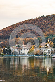 View of Danube river and Orsova city, waterfront view. Orsova, Romania, 2020