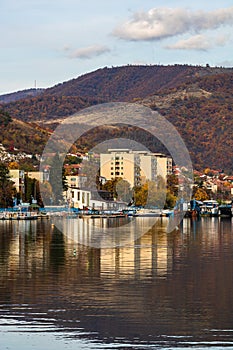 View of Danube river and Orsova city, waterfront view. Orsova, Romania, 2020