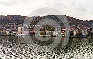 View of Danube river and Orsova city, waterfront view. Orsova, Romania, 2020