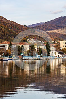 View of Danube river and Orsova city, waterfront view. Orsova, Romania, 2020