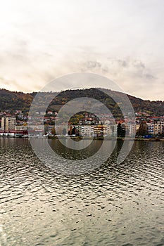 View of Danube river and Orsova city, waterfront view. Orsova, Romania, 2020