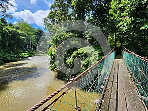 View of Danum river and suspension bridge in Danum valley rain forest Lahad Datu