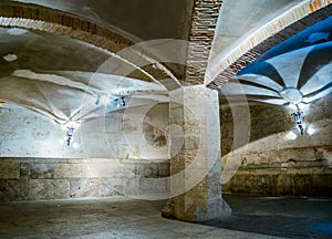 view of a dark basement of the Old Silk Exchange (Lonja de la Seda), Valencia, Spain. UNESCO World Heritage Site