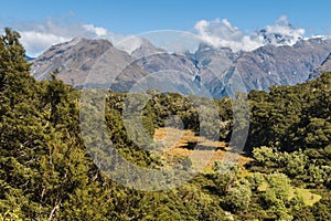 View of Darran Mountains peaks from Routeburn Track in Fiordland National Park, New Zealand