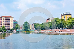 View of Darsena del Naviglio channel in center of Milano, Italy