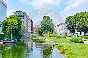 View of Darsena del Naviglio channel in center of Milano, Italy