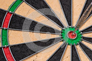 A View of a Dartboard with a dart in the Bullseye.