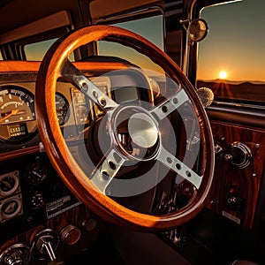 View of the dashboard and steering wheel of a vintage jeep with the sun setting in the background