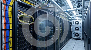 Data Center Server Rack with Network Cables and Hardware