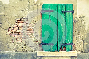 View of a dated balcony from Burano island, Venice