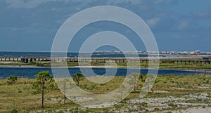 The view of Dauphin Beach and boardwalk on Dauphin Island, Mobile County, Alabama