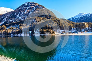 View of Davos lake in Graubunden canton, Switzerland