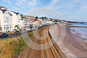 View of Dawlish Devon England with beach railway track and sea