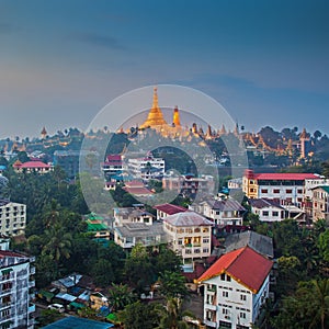 View at dawn of the Shwedagon Pagoda