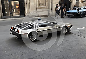 A view of a De Lorean car