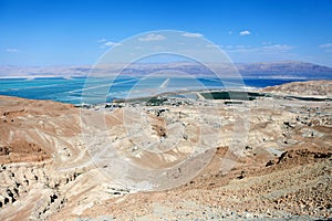 View of Dead Sea coastline in Israel from Neve Zohar Observation point