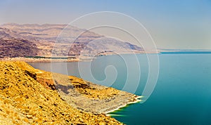 View of Dead Sea coastline in Jordan