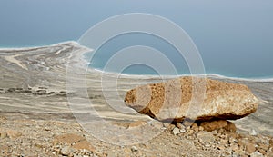 View of Dead Sea shore from the road in Judean desert, ,Israel