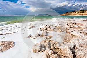 View of Dead Sea shore in sunny winter day