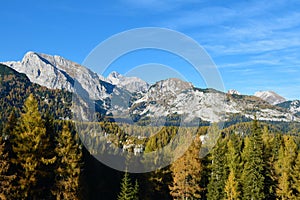 View of Debeli vrh mountain and Laz mountain pass in Julian alps and Triglav national park