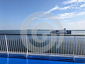 View from the deck of the cruise ship during the journey on a sunny day