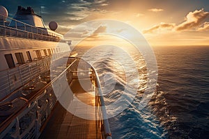 View of the deck of a luxury cruise ship against a stunning sunset sky and sea horizon. Beautiful sky, warm light of the