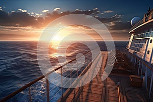 View of the deck of a luxury cruise ship against a stunning sunset sky and sea horizon. Beautiful sky, warm light of the