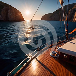 View from the deck of a luxury yacht with view of the ocean, luxury nautical lifestyle