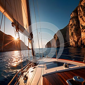 View from the deck of a luxury yacht with view of the ocean, luxury nautical lifestyle