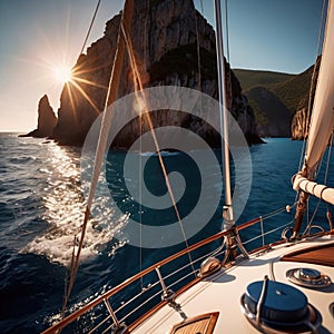 View from the deck of a luxury yacht with view of the ocean, luxury nautical lifestyle