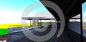 View from decked spacious terrace of the modern suburban house to the distant field with wind turbines. 3d rendering