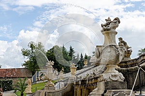 View of decorated fountain in baroque Castle Gardens of Cesky Krumlov, Czech Republic