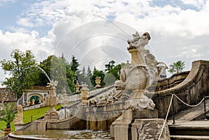 View of decorated fountain in baroque Castle Gardens of Cesky Krumlov, Czech Republic