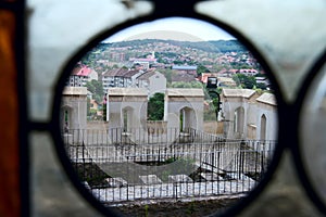 View through the decorative window in old castle