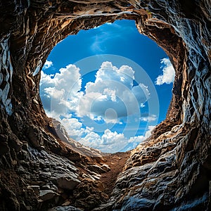 View from a deep hole in the ground to a blue sky with clouds, an unusual angle