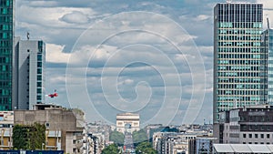 View from Defense business district to the Arc de Triumph timelapse, Paris, France